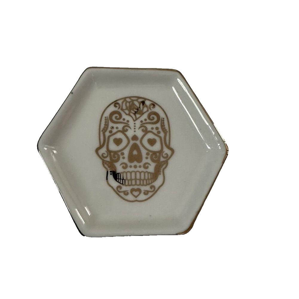 Sugar Skull Trinket Jewelry Dish White and Gold